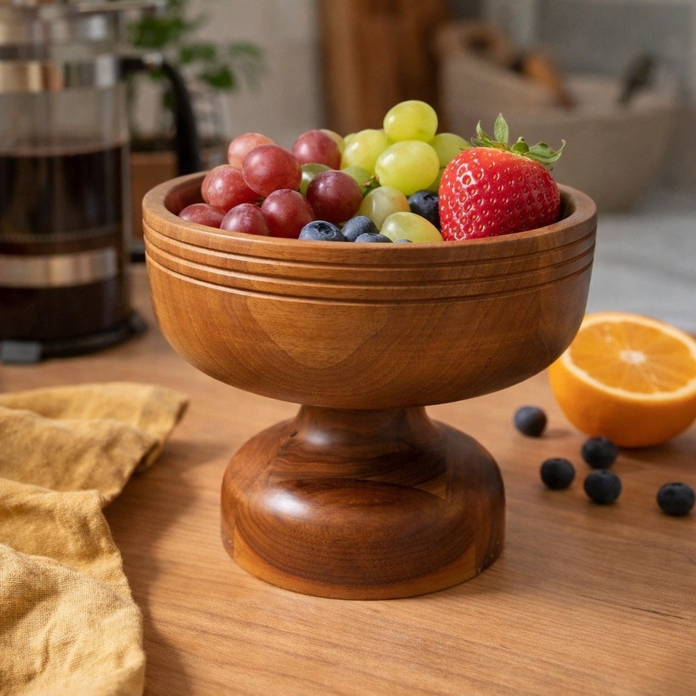 Vintage Wood Pedestal Bowl MCM Centerpiece Hand Turned